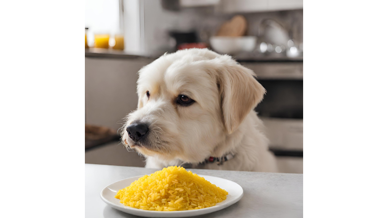 dog looks at ready-made Yellow Rice photo